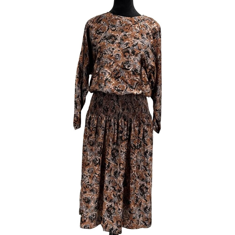 2/$18 SALE! Smocked‎ Satin Dress Size Small Abstract Modest Artsy USA Vintage